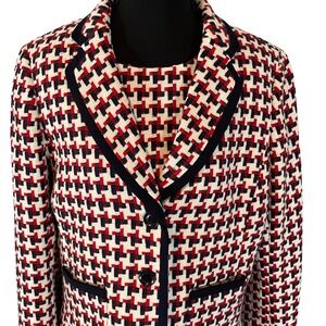 Talbots Women 12P Houndstooth Blazer Skirt Dress Suit Set Navy Red White Classic